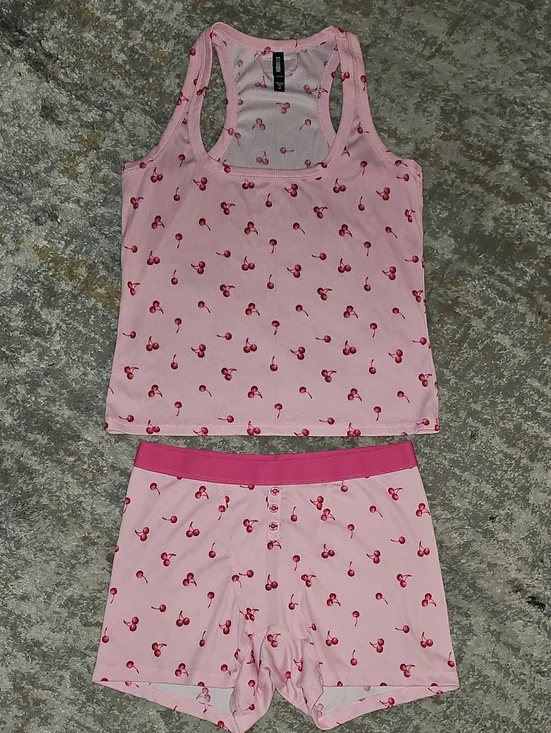 Pink Cherry-Print Tank & Shorts Sleep Set  Medium - Picture 2 of 7